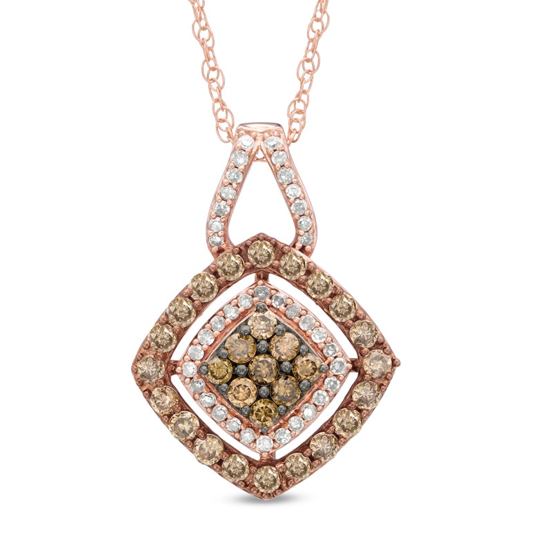 0.50 CT. T.W. Champagne and White Diamond Tilted Square Cluster Pendant in 10K Rose Gold