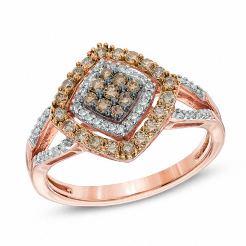 0.50 CT. T.W. Champagne and White Diamond Tilted Square Frame Ring in 10K Rose Gold