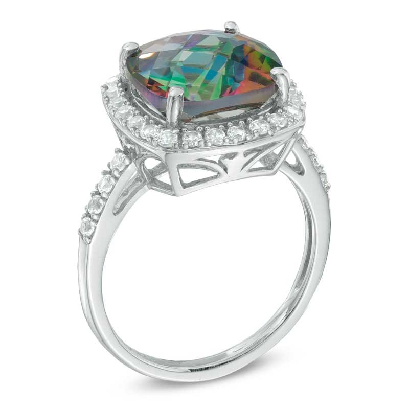 11.0mm Cushion-Cut Mystic Fire® Topaz and Lab-Created White Sapphire Frame Ring in Sterling Silver