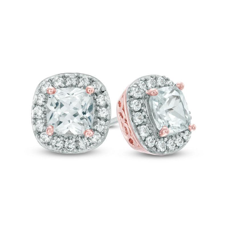 Main Image 1 of 5.0mm Cushion-Cut Lab-Created White Sapphire Frame Earrings in Sterling Silver and 14K Rose Gold Plate
