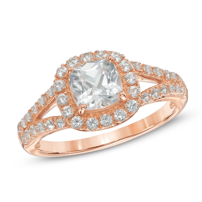 6.0mm Cushion-Cut Lab-Created White Sapphire Frame Ring in Sterling Silver and 14K Rose Gold Plate