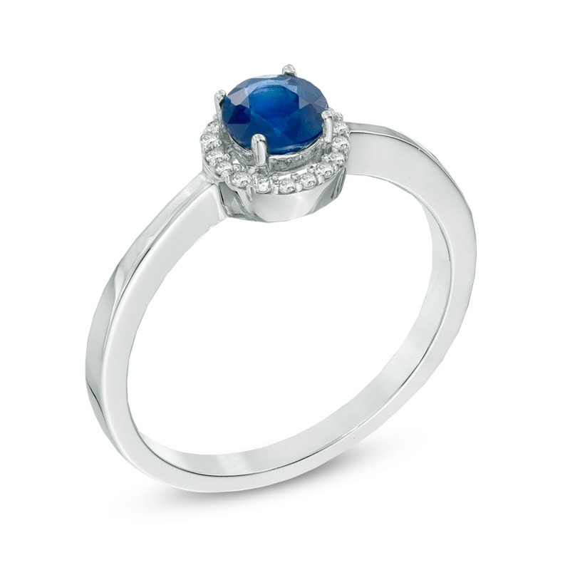 5.0mm Blue Sapphire and Diamond Accent Frame Ring in 14K White Gold