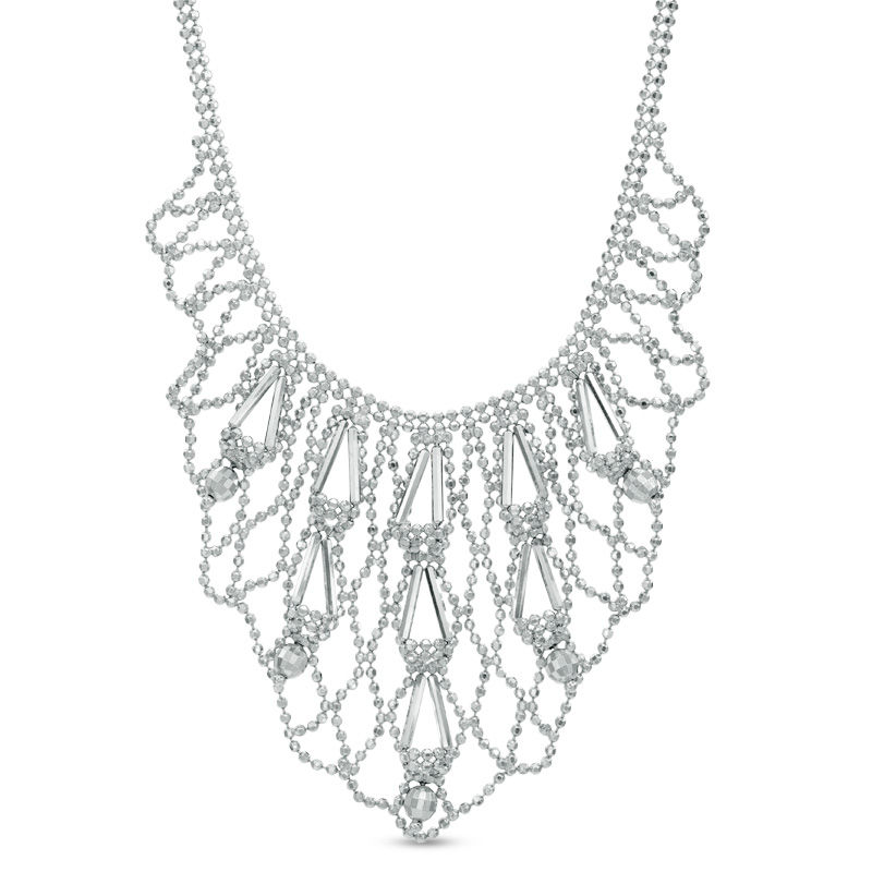 Woven Beaded Mesh Bib Necklace in Sterling Silver - 17"