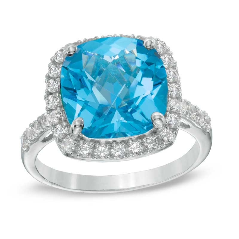 11.0mm Cushion-Cut Swiss Blue Topaz and Lab-Created White Sapphire Frame Ring in Sterling Silver