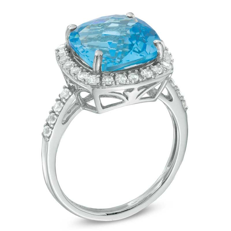 11.0mm Cushion-Cut Swiss Blue Topaz and Lab-Created White Sapphire Frame Ring in Sterling Silver