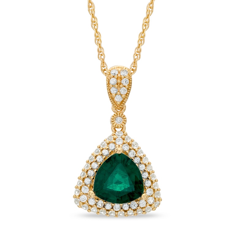 8.0mm Trillion-Cut Lab-Created Emerald and White Sapphire Frame Pendant in Sterling Silver with 14K Gold Plate