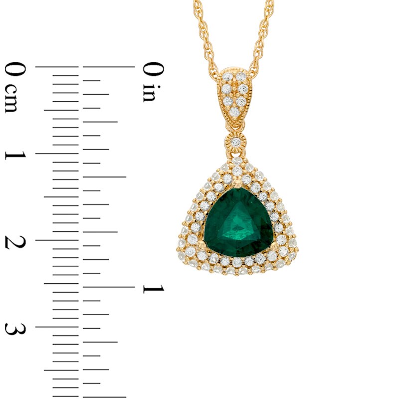 Main Image 2 of 8.0mm Trillion-Cut Lab-Created Emerald and White Sapphire Frame Pendant in Sterling Silver with 14K Gold Plate