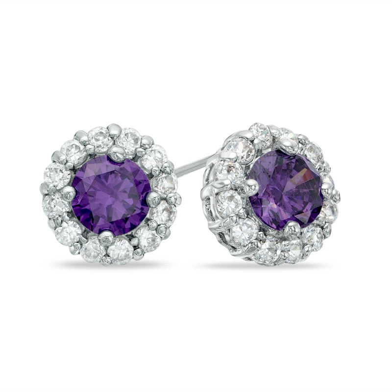 6.0mm Amethyst and Lab-Created White Sapphire Frame Stud Earrings in Sterling Silver