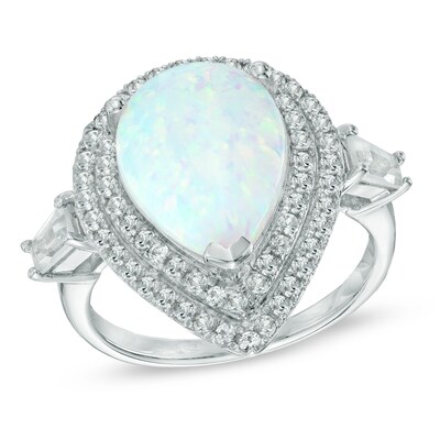 Pear-Shaped Lab-Created Opal and White Sapphire Frame Ring in Sterling Silver