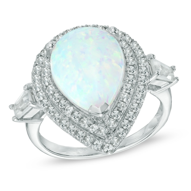 Pear-Shaped Lab-Created Opal and White Sapphire Frame Ring in Sterling Silver