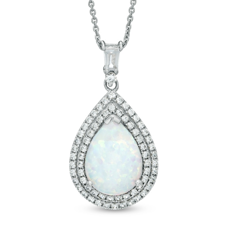 Pear-Shaped Lab-Created Opal and White Sapphire Frame Pendant in Sterling Silver