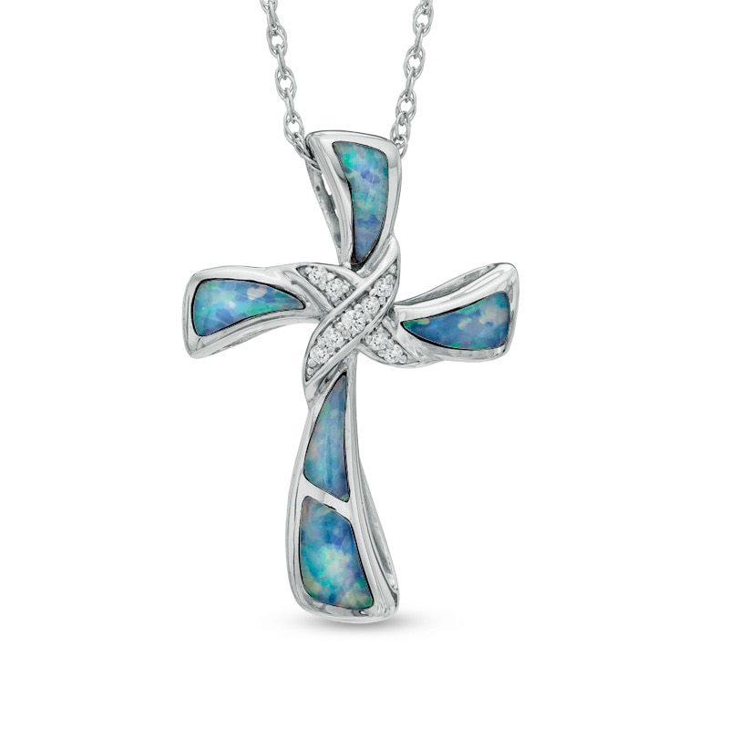 Lab-Created Opal and White Sapphire Cross Pendant in Sterling Silver