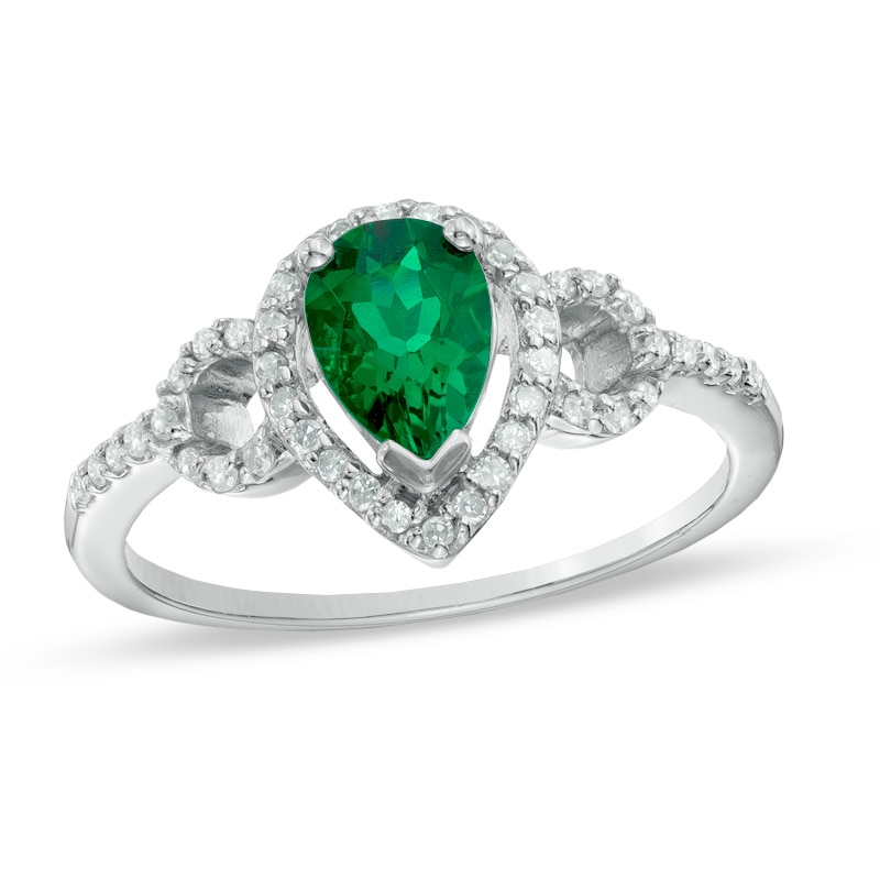 Pear-Shaped Lab-Created Emerald and White Sapphire Frame Ring in Sterling Silver