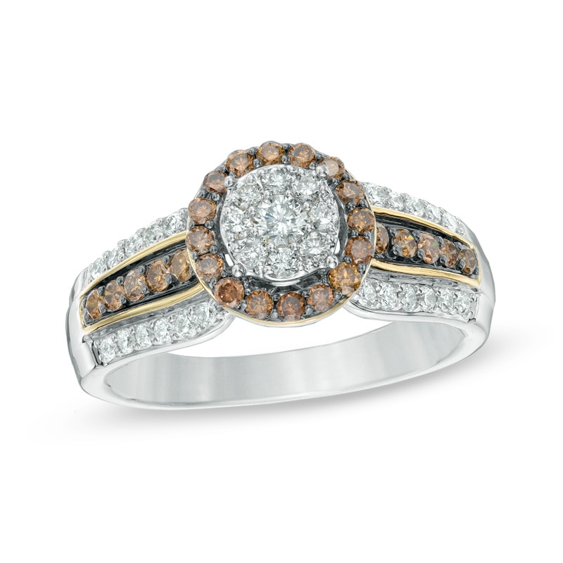 0.87 CT. T.W. Champagne and White Diamond Cluster Frame Engagement Ring in 14K Two-Tone Gold