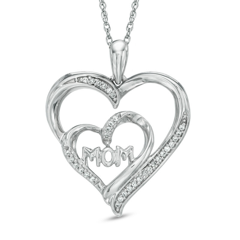 0.12 CT. T.W. Diamond "MOM" Double Heart Pendant in Sterling Silver
