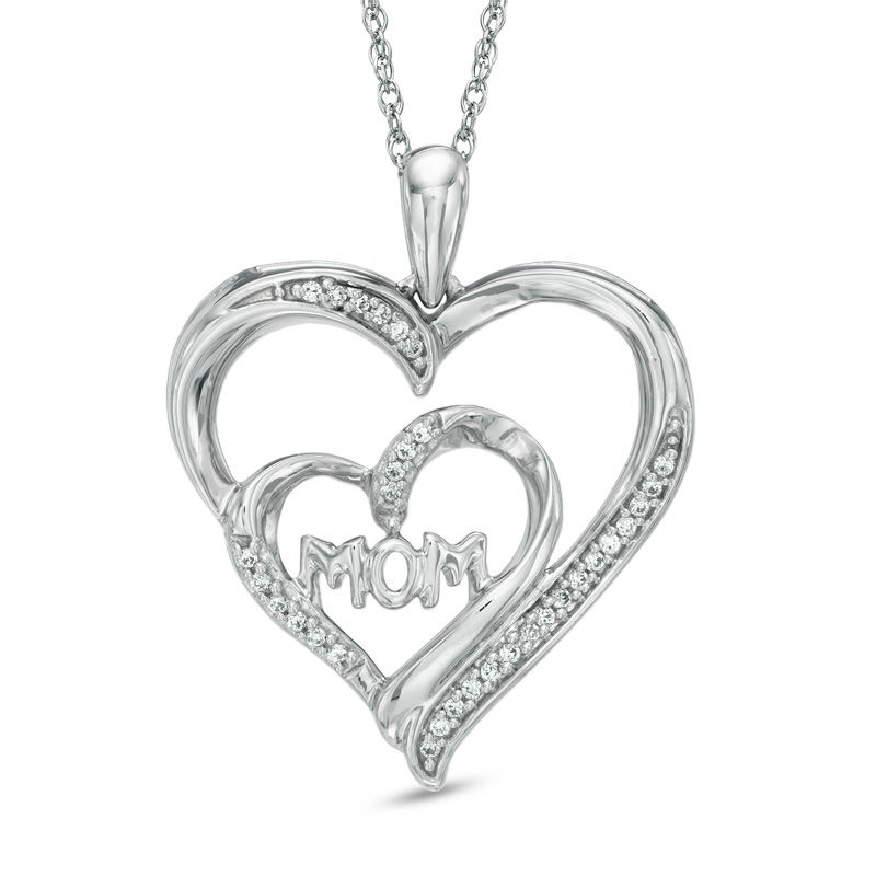 0.12 CT. T.W. Diamond "MOM" Double Heart Pendant in Sterling Silver|Peoples Jewellers