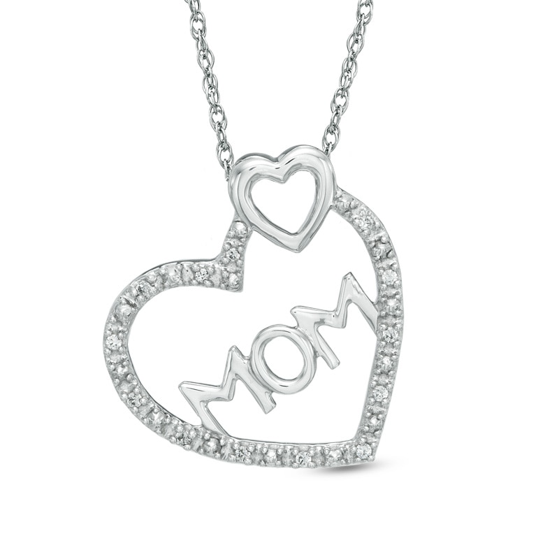 Diamond Accent "MOM" Double Heart Pendant in 10K White Gold