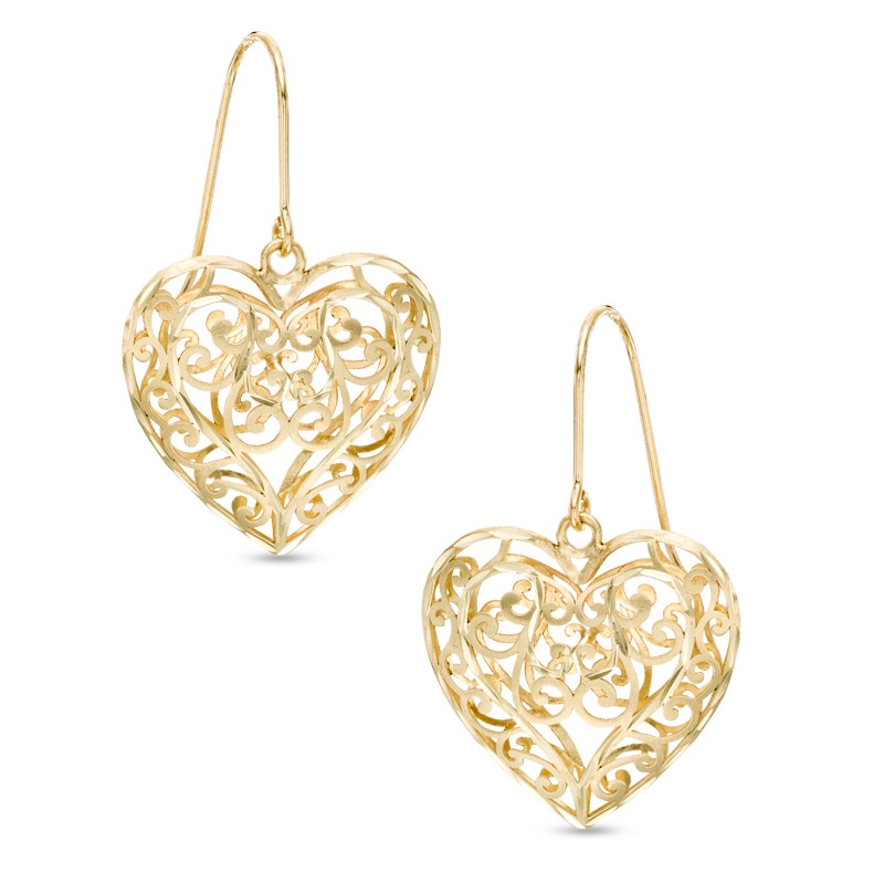 Diamond-Cut Filigree Swirl Heart Drop Earrings in 10K Gold