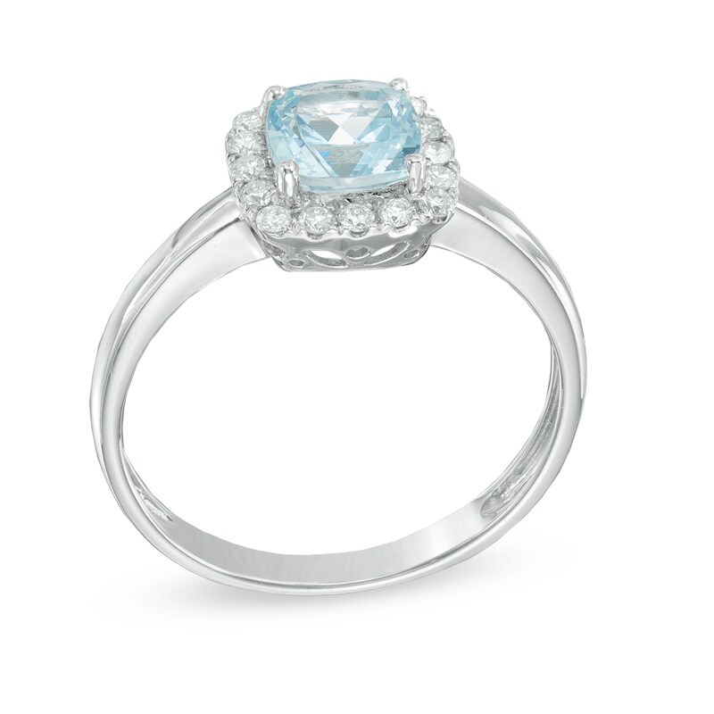 Main Image 2 of 6.0mm Cushion-Cut Aquamarine and 0.16 CT. T.W. Diamond Frame Ring in 10K White Gold