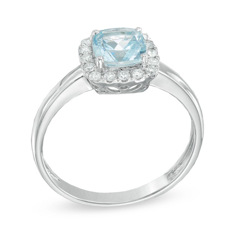 6.0mm Cushion-Cut Aquamarine and 0.16 CT. T.W. Diamond Frame Ring in 10K White Gold