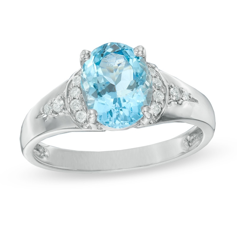 Main Image 1 of Oval Aquamarine and Diamond Accent Ring in 10K White Gold