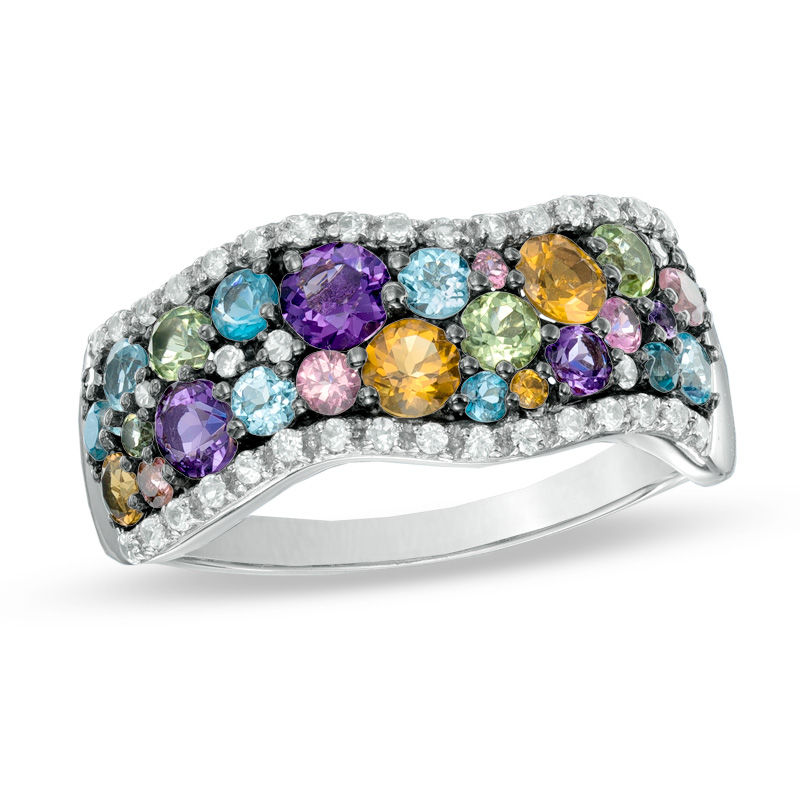 Multi-Gemstone and Lab-Created White Sapphire Wave Ring in Sterling Silver|Peoples Jewellers