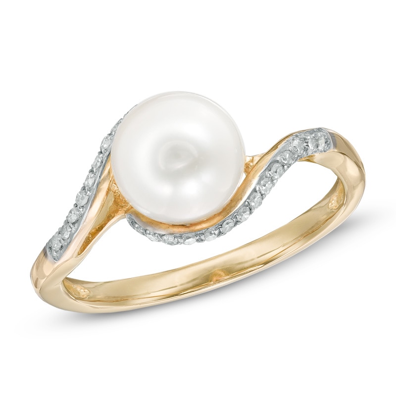 7.5 - 8.0mm Cultured Freshwater Pearl and Diamond Accent Ring in 10K Gold