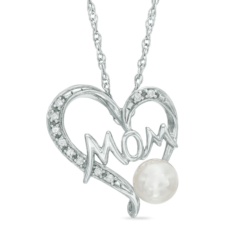 5.0 - 5.5mm Cultured Freshwater Pearl and Lab-Created White Sapphire  "MOM" Heart Pendant in Sterling Silver