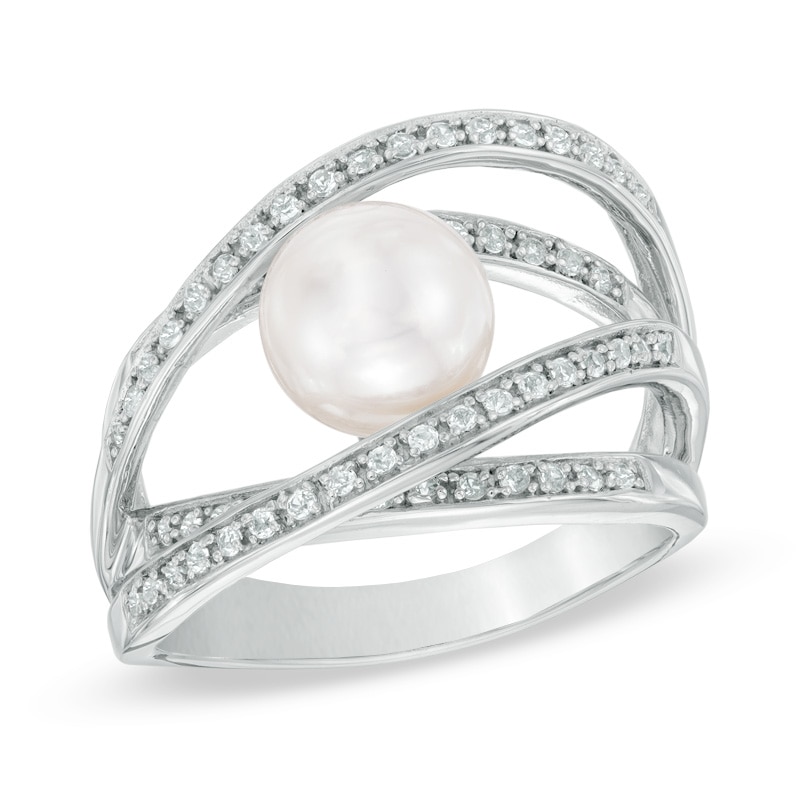 7.5 - 8.0mm Cultured Freshwater Pearl and Lab-Created White Sapphire Orbit Ring in Sterling Silver