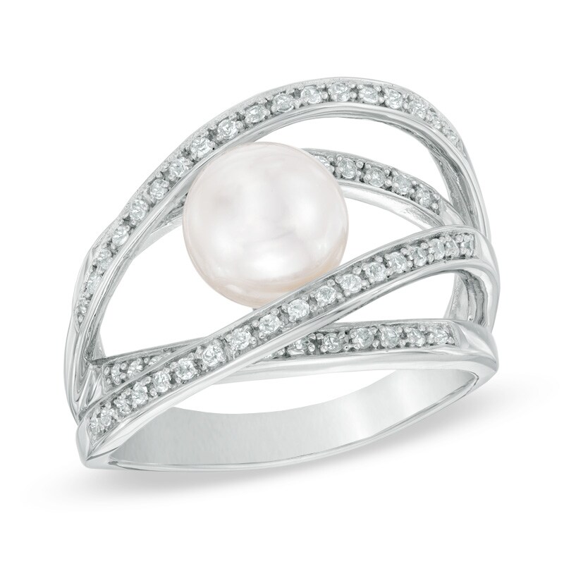 7.5 - 8.0mm Cultured Freshwater Pearl and Lab-Created White Sapphire Orbit Ring in Sterling Silver