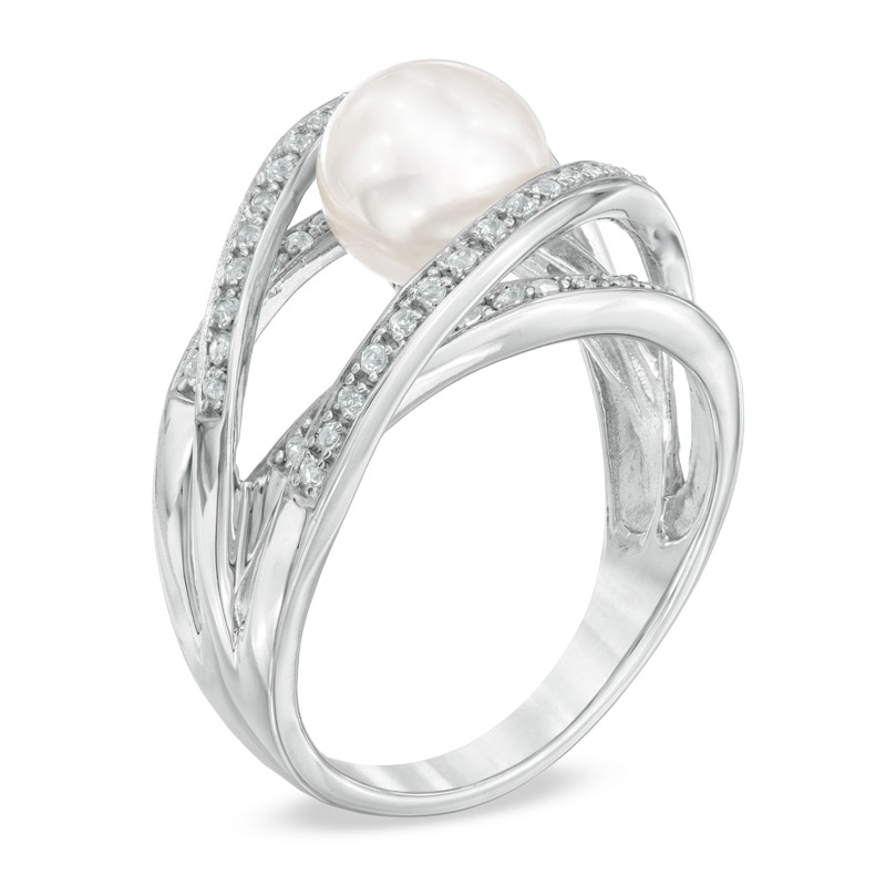 7.5 - 8.0mm Cultured Freshwater Pearl and Lab-Created White Sapphire Orbit Ring in Sterling Silver