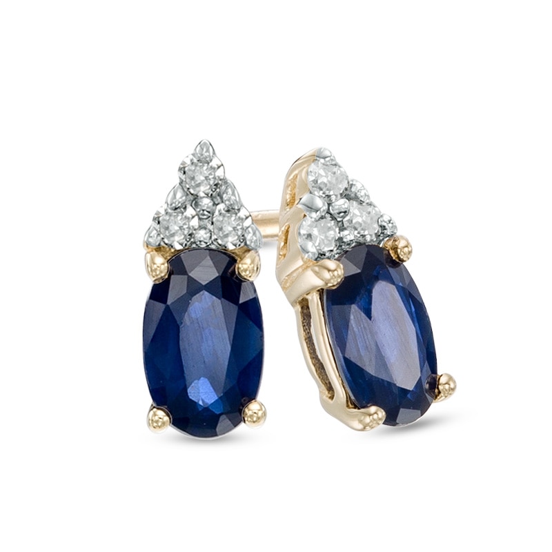 Oval Blue Sapphire and Diamond Accent Stud Earrings in 14K Gold
