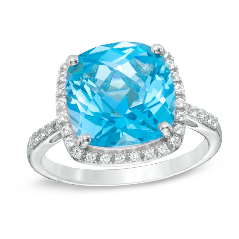 Main Image 1 of 11.0mm Cushion-Cut Swiss Blue Topaz and Lab-Created White Sapphire Frame Ring in Sterling Silver