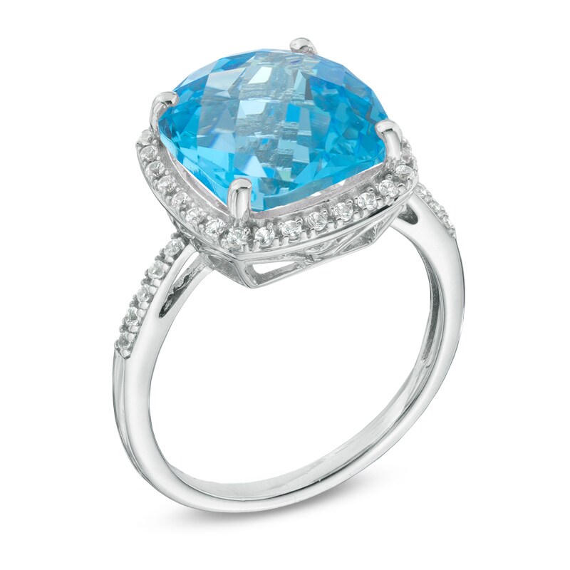 11.0mm Cushion-Cut Swiss Blue Topaz and Lab-Created White Sapphire Frame Ring in Sterling Silver