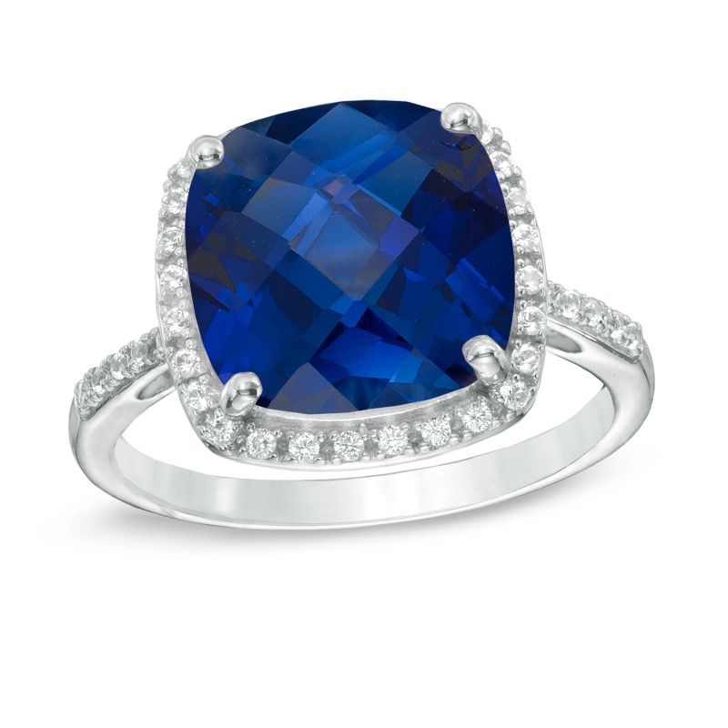 11.0mm Cushion-Cut Lab-Created Blue and White Sapphire Frame Ring in Sterling Silver