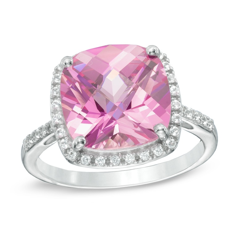 11.0mm Cushion-Cut Lab-Created Pink and White Sapphire Frame Ring in Sterling Silver