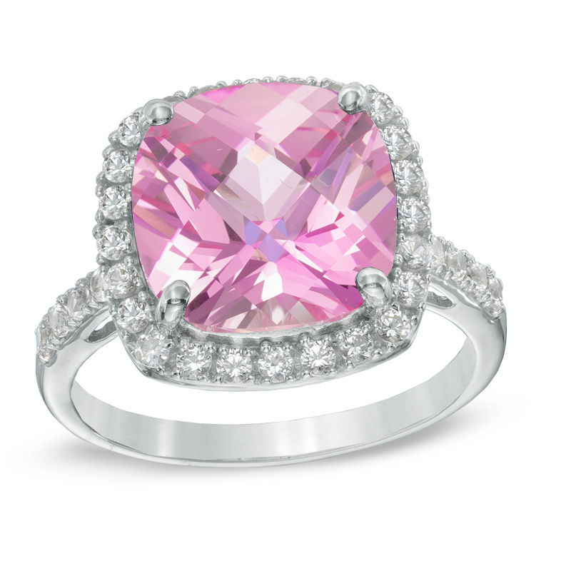Main Image 1 of 11.0mm Cushion-Cut Lab-Created Pink and White Sapphire Frame Ring in Sterling Silver
