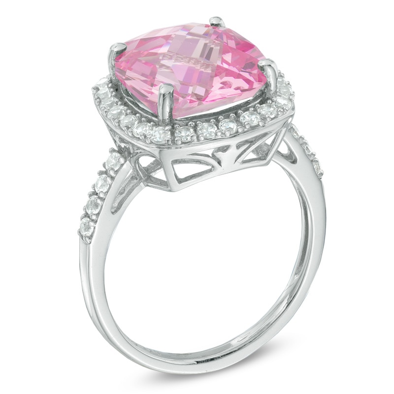 Main Image 2 of 11.0mm Cushion-Cut Lab-Created Pink and White Sapphire Frame Ring in Sterling Silver