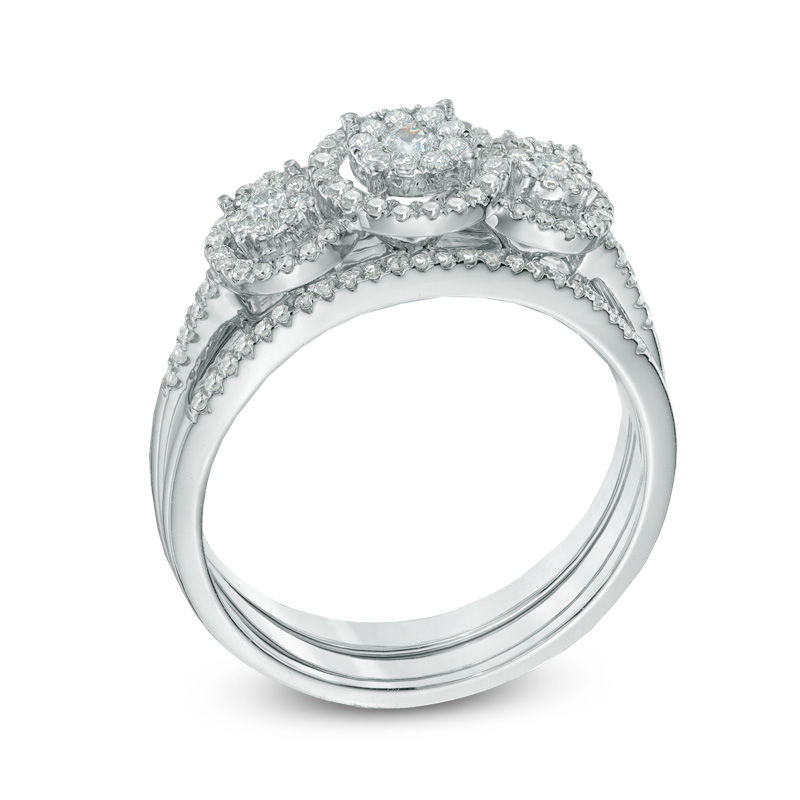CT. T.W. Diamond Frame Three Stone Cluster Piece Bridal Set 10K White Gold