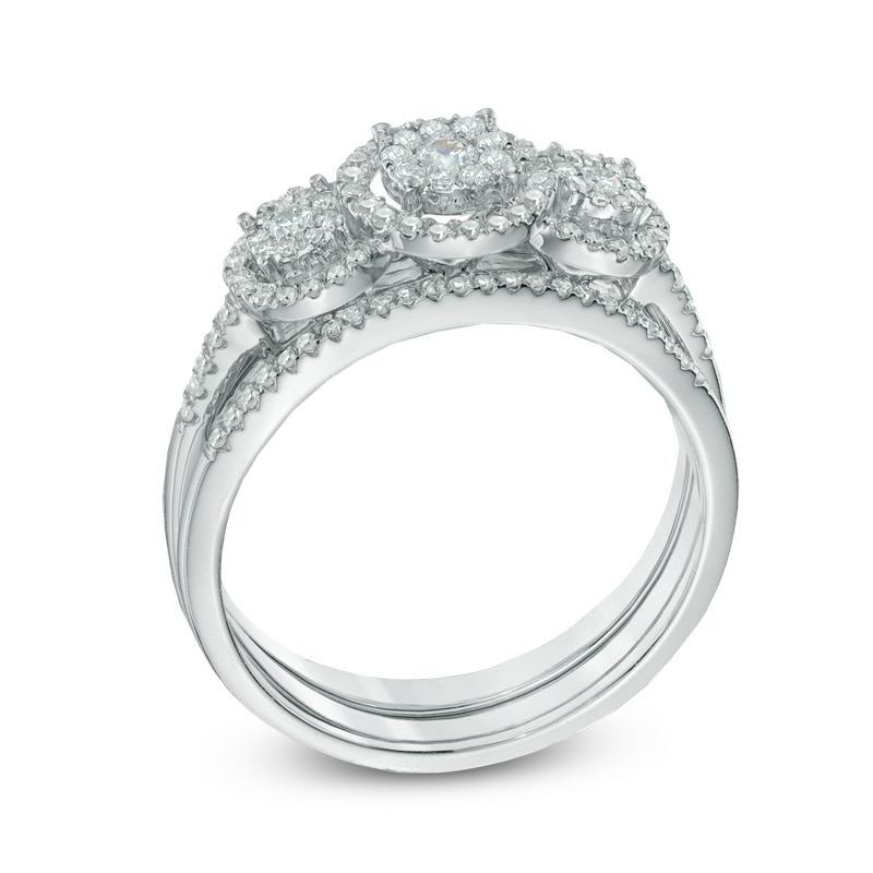 Main Image 2 of 0.45 CT. T.W. Diamond Frame Three Stone Cluster Three Piece Bridal Set in 10K White Gold
