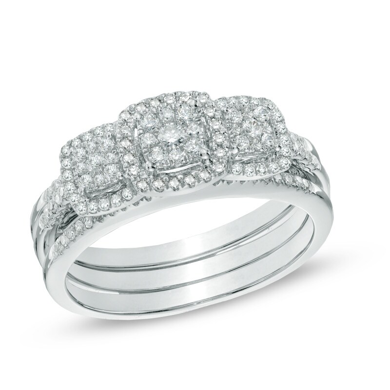 Main Image 1 of 0.45 CT. T.W. Diamond Three Stone Cluster Three Piece Bridal Set in 10K White Gold