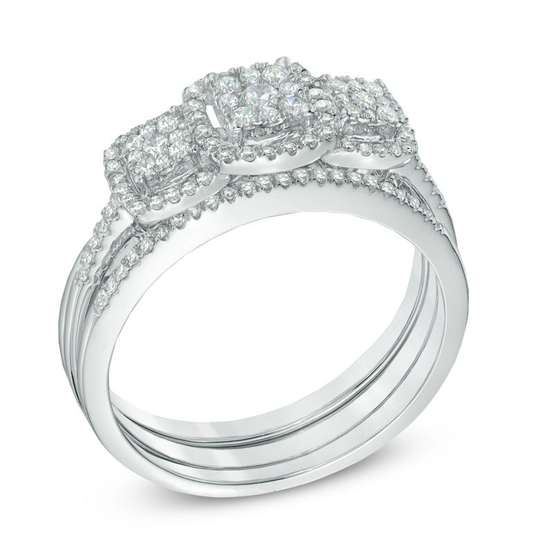 0.45 CT. T.W. Diamond Three Stone Cluster Piece Bridal Set 10K White Gold