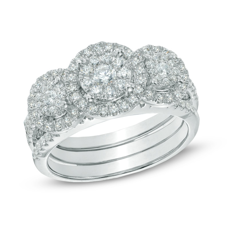 Main Image 1 of 0.95 CT. T.W. Diamond Frame Three Stone Cluster Three Piece Bridal Set in 10K White Gold