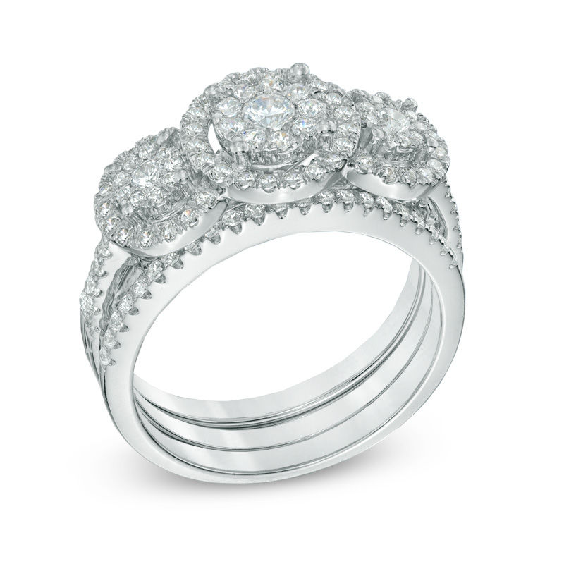 Main Image 2 of 0.95 CT. T.W. Diamond Frame Three Stone Cluster Three Piece Bridal Set in 10K White Gold