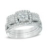 Thumbnail Image 0 of 0.95 CT. T.W. Diamond Three Stone Frame Cluster Three Piece Bridal Set in 10K White Gold