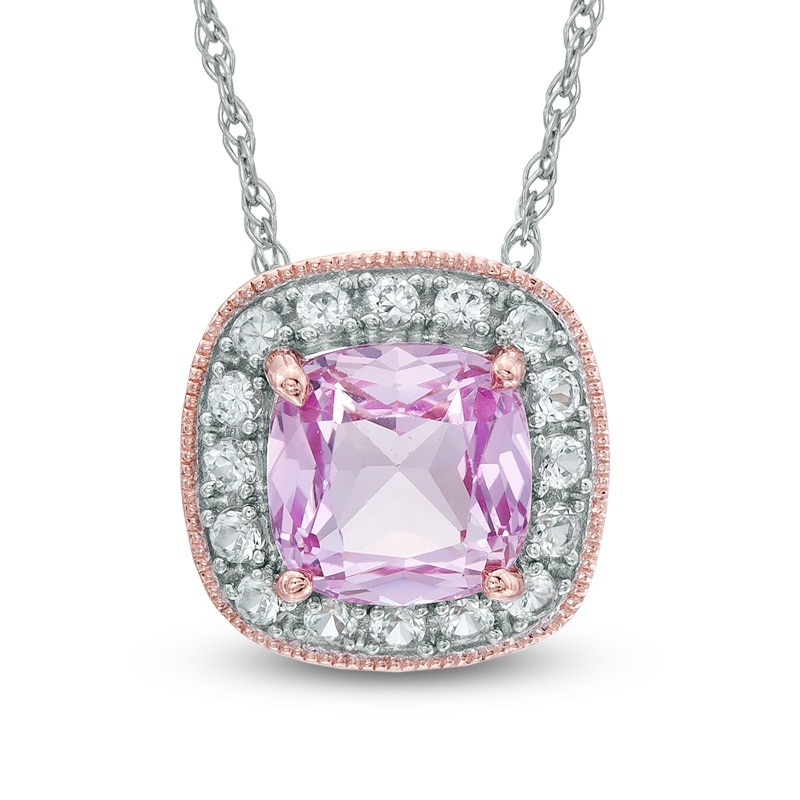 7.0mm Cushion-Cut Lab-Created Pink and White Sapphire Frame Pendant in Sterling Silver with 14K Rose Gold Plate