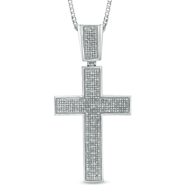 Main Image 1 of Men's 0.15 CT. T.W. Diamond Cross Pendant in Sterling Silver - 22"