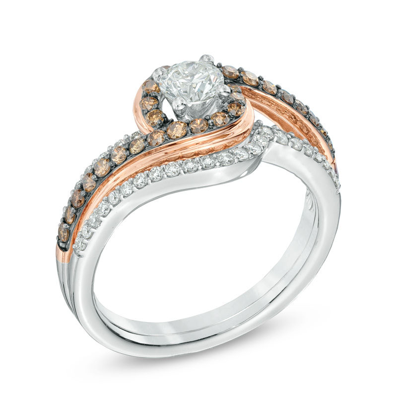 1.00 CT. T.W. Champagne and White Diamond Swirl Bridal Set in 14K Two-Tone Gold