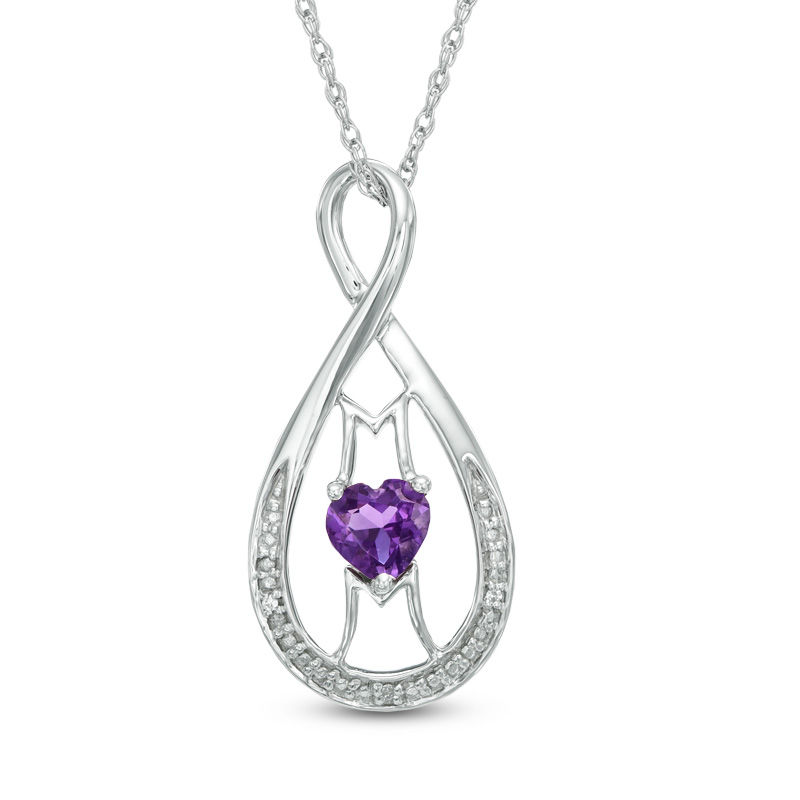 5.0mm Heart-Shaped Amethyst and Diamond Accent "MOM" Infinity Pendant in Sterling Silver