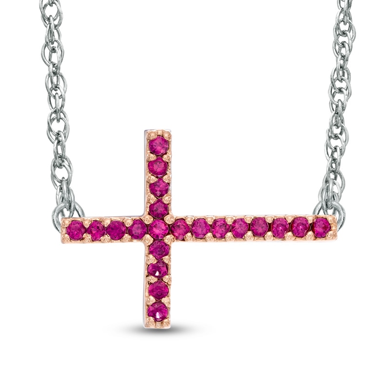 Lab-Created Ruby Sideways Cross Necklace in Sterling Silver